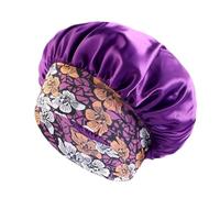 Cuffia da Notte in Seta Cappello da donna con stampa floreale e bordo largo, elastico, in raso liscio di seta, for dormire tutti i giorni in casa(Purple)
