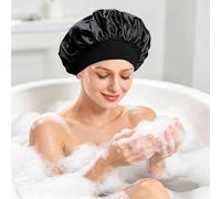Cuffia da notte nera morbida da donna, con bordo largo, turbante foderato in raso, per la cura della treccia (confezione da 1)