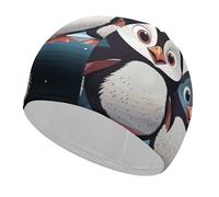 Cuffia da nuoto con cinque simpatici pinguini, per donne e uomini, leggera ed elastica, per piscina, spiaggia, nuoto sul giro, protezione per le orecchie dei capelli
