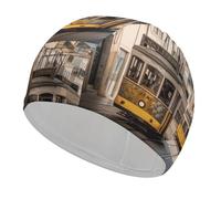Cuffia da nuoto in tessuto Lisbona Tram Cuffia da nuoto per capelli corti e lunghi per mantenere i capelli asciutti, cuffia da bagno impermeabile per donne e uomini, cuffia da doccia elastica