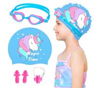 Cuffia da nuoto per bambine dai 2 ai 6 anni, in silicone resistente e impermeabile, per capelli corti, con occhialini da nuoto, tappi per le orecchie e clip per il naso (blu, S)