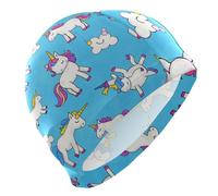 Cuffia da nuoto per capelli corti e calvi, impermeabile, per donne e adulti, protezione per capelli, motivo unicorni blu