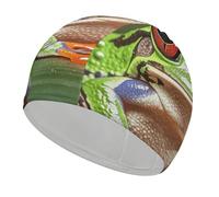 Cuffia da nuoto per uomini e donne, comoda cuffia da nuoto per adulti, con rana dagli occhi rossi, ad alta elasticità, per capelli lunghi, cuffia da piscina antiscivolo per mantenere i capelli