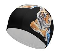 Cuffia da nuoto unisex con stampa tigre e ghiandaia azzurra, adatta a uomini e donne con capelli corti o lunghi, ideale per la spiaggia.
