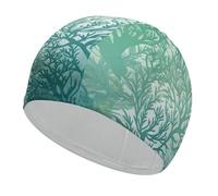 Cuffia da nuoto verde con alghe blu mare per adulti, donne e uomini, leggera ed elastica, cuffia da nuoto per piscina, spiaggia, nuoto sul giro, protezione per le orecchie dei capelli