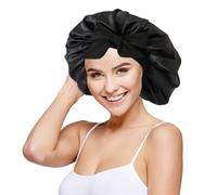 Cuffia di Seta, Cuffia per Capelli Ricci, Berretto da Notte Raso con 2 Elastici, Adatto a Donne (Nero, Cinturino Largo Regolabile)