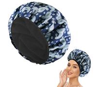 Cuffia Doccia Donna,Cuffia per Capelli in Raso a Triplo Strato,Cuffia Doccia Riutilizzabile,Cuffia Capelli Doccia con Fodera in Microfibra,Cuffie Doccia per Tutte le Lunghezze dei Capelli (Stampa Blu)