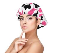 Cuffia in raso di seta con stampa mucca nera e rosa carina per donne che dormono, regolabile a doppio strato in raso per capelli ricci