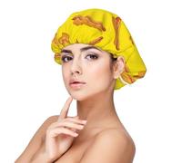 Cuffia in raso giallo con stampa hot dog per donne che dormono, a doppio strato, regolabile, per capelli ricci