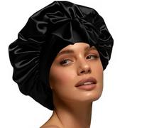 Cuffia in seta da donna, in raso, per dormire, grande, con fascia elastica, per capelli ricci (nero)