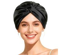 Cuffia in Seta per Dormire, 100% Seta di Gelso Cappello da Notte per Cura dei Capelli, 22 Momme Doppio Strato per Donna per Capelli Lunghi o Ricci, Giorno e Notte(Nero)