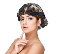 Cuffia in seta per dormire, con motivo tribale con lupo e pittura ad olio, a doppio strato, regolabile, elastico, per dormire, da donna, per capelli ricci, colore nero