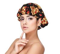 Cuffia in seta per dormire, unisex, morbida, regolabile, motivo pizza, amore, cuore, stampa, elastico, in raso, per dormire, comoda cuffia per capelli ricci in seta simile per dormire, nero