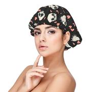 Cuffia in seta per dormire, unisex, regolabile, elastica, con stampa di teschi a forma di cuore, in raso, per dormire, morbida e confortevole, simile alla seta, capelli ricci in raso, colore nero