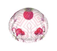 Cuffia per capelli con stampa fenicottero rosa ananas con fascia elastica regolabile e vibrante, cuffia da doccia da donna riutilizzabile impermeabile