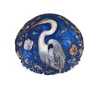 Cuffia per capelli da doccia, con airone blu, a doppio strato, riutilizzabile, impermeabile, grande, da donna, con fodera in PEVA e corda elastica