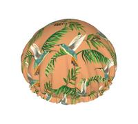 Cuffia per capelli da doccia, con colibrì e foglia di palma, grande, riutilizzabile, impermeabile, a doppio strato, cuffia per capelli per doccia, con fodera in PEVA e corda elastica