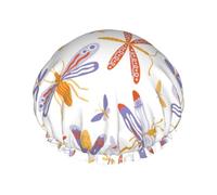 Cuffia per capelli da doccia, con falene, libellule, farfalle, doppio strato, riutilizzabile, impermeabile, grande cuffia da doccia da donna, cuffia per capelli per doccia con fodera in PEVA e corda