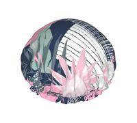 Cuffia per capelli da doccia con fenicottero rosa e foglie, da donna, riutilizzabile, impermeabile, a doppio strato, con fascia elastica, taglia unica