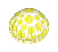 Cuffia per capelli da doccia, con fette di limone, misura grande, riutilizzabile, impermeabile, a doppio strato, da donna, con fodera in PEVA e corda elastica