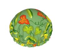 Cuffia per capelli da doccia, con fiore di ratta di cetriolo, grande, riutilizzabile, impermeabile, a doppio strato, da donna, con fodera in PEVA e corda elastica