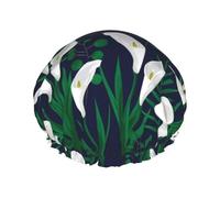 Cuffia per capelli da doccia, con fiori di calle, a doppio strato, riutilizzabile, impermeabile, grande, per donne, con fodera in PEVA e corda elastica