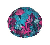 Cuffia per capelli da doccia, con garofani blu, a doppio strato, riutilizzabile, impermeabile, grande cuffia da doccia da donna, con fodera in PEVA e corda elastica