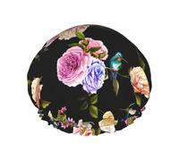 Cuffia per capelli da doccia, con garofano e colibrì, a doppio strato, riutilizzabile, impermeabile, grande, da donna, con fodera in PEVA e corda elastica