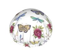 Cuffia per capelli da doccia, con garofano, farfalla, libellula, grande, riutilizzabile, impermeabile, a doppio strato, cuffia per doccia da donna, con fodera in PEVA e corda elastica