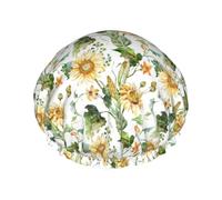 Cuffia per capelli da doccia, con girasoli brillanti, a doppio strato, riutilizzabile, impermeabile, grande cuffia da doccia per donne, cuffia per capelli per doccia con fodera in PEVA e corda
