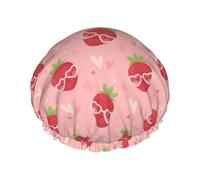 Cuffia per capelli da doccia, con grazioso occhiale da sole a forma di fragola, a doppio strato, riutilizzabile, impermeabile, grande cuffia da doccia da donna, con fodera in PEVA e corda elastica