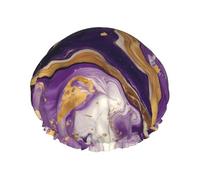 Cuffia per capelli da doccia, con motivo a vortici in marmo viola e oro, a doppio strato, riutilizzabile, impermeabile, grande cuffia da doccia da donna, con fodera in PEVA e corda elastica