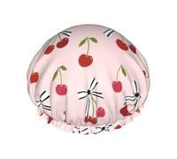 Cuffia per capelli da doccia, con papillon rosso a forma di bacca rossa, grande, riutilizzabile, impermeabile, a doppio strato, da donna, con fodera in PEVA e corda elastica