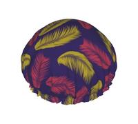 Cuffia per capelli da doccia, con piuma rossa e gialla, a doppio strato, riutilizzabile, impermeabile, grande cuffia da doccia da donna, con fodera in PEVA e corda elastica