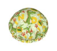 Cuffia per capelli da doccia, con simpatico dinosauro, grande, riutilizzabile, impermeabile, a doppio strato, cuffia per capelli per doccia, con fodera in PEVA e corda elastica