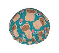 Cuffia per capelli da doccia, con simpatico gatto con tulipano in stile cartone animato, grande cuffia da doccia riutilizzabile impermeabile, a doppio strato, cuffia per capelli per doccia con fodera