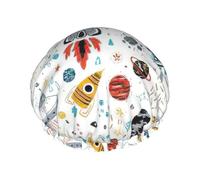 Cuffia per capelli da doccia con stampa di razzi dei cartoni animati, da donna, riutilizzabile, impermeabile, a doppio strato, con cinturino elastico, taglia unica