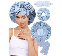 Cuffia per capelli in 100% seta di gelso, per dormire, da donna, in seta, fascia elastica per capelli, con elastici per capelli in seta e maschera per gli occhi in seta (blu nebbi celeste)