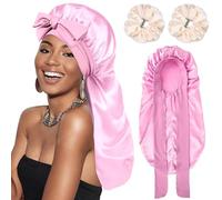 Cuffia per capelli in raso di seta per dormire, cuffia per trecce, capelli ricci da donna, in seta, per dormire, con fascia lunga e grande, con 2 elastici in raso (rosa)