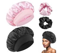 Cuffia per Capelli in Raso e Seta - Bonnet per Dormire con Elastici per Capelli Ricci, Rosa + Nero