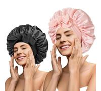 Cuffia per capelli in seta satinata, con fascia per legare, per dormire, grande, con cinghie regolabili, cuffia per doccia, cuffia per il sonno, da donna, capelli ricci e treccia (nero + rosa corallo)