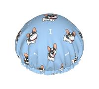 Cuffia per capelli per doccia, Bulldog2 francese, a doppio strato, riutilizzabile, impermeabile, grande cuffia da doccia da donna, con fodera in PEVA e corda elastica