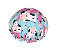 Cuffia per capelli per doccia, classica, divertente, simpatica, con mucca che mangia erba, grande cuffia da doccia riutilizzabile impermeabile, cuffia da doccia a doppio strato per donne, cuffia per