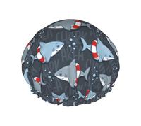 Cuffia per capelli per doccia, con anello da nuoto a forma di squalo, grande, riutilizzabile, impermeabile, a doppio strato, cuffia per capelli per doccia, con fodera in PEVA e corda elastica