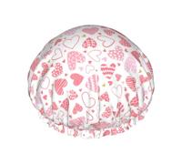 Cuffia per capelli per doccia, con cuori disegnati a mano, a doppio strato, riutilizzabile, impermeabile, grande cuffia da doccia per donne, cuffia per capelli per doccia con fodera in PEVA e corda