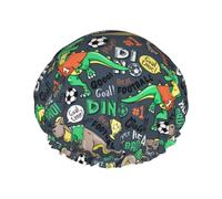 Cuffia per capelli per doccia, con dinosauro gioca a calcio, a doppio strato, riutilizzabile, impermeabile, grande cuffia da doccia per donne, cuffia per capelli per doccia con fodera in PEVA e corda