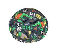 Cuffia per capelli per doccia, con dinosauro gioca a calcio, grande, riutilizzabile, impermeabile, a doppio strato, cuffia per capelli per doccia, con fodera in PEVA e corda elastica