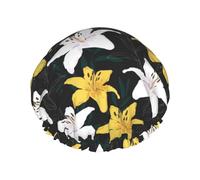 Cuffia per capelli per doccia, con fiori di gigli gialli bianchi e gialli, a doppio strato, riutilizzabile, impermeabile, grande cuffia da doccia da donna, con fodera in PEVA e corda elastica