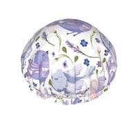 Cuffia per capelli per doccia, con fiori di lavanda, uccellino, viola, grande, riutilizzabile, impermeabile, a doppio strato, cuffia per doccia con fodera in PEVA e corda elastica