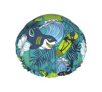 Cuffia per capelli per doccia, con foglia di palma e squalo, grande cuffia da doccia riutilizzabile impermeabile, a doppio strato, cuffia per capelli per doccia, con fodera in PEVA e corda elastica